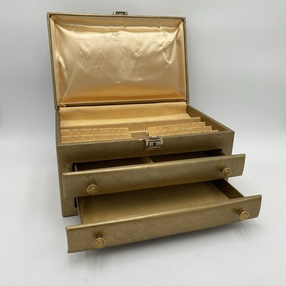 Vintage Buxton Gold Jewelry Box Multi Level Tiered Drawer Velvet MCM July
